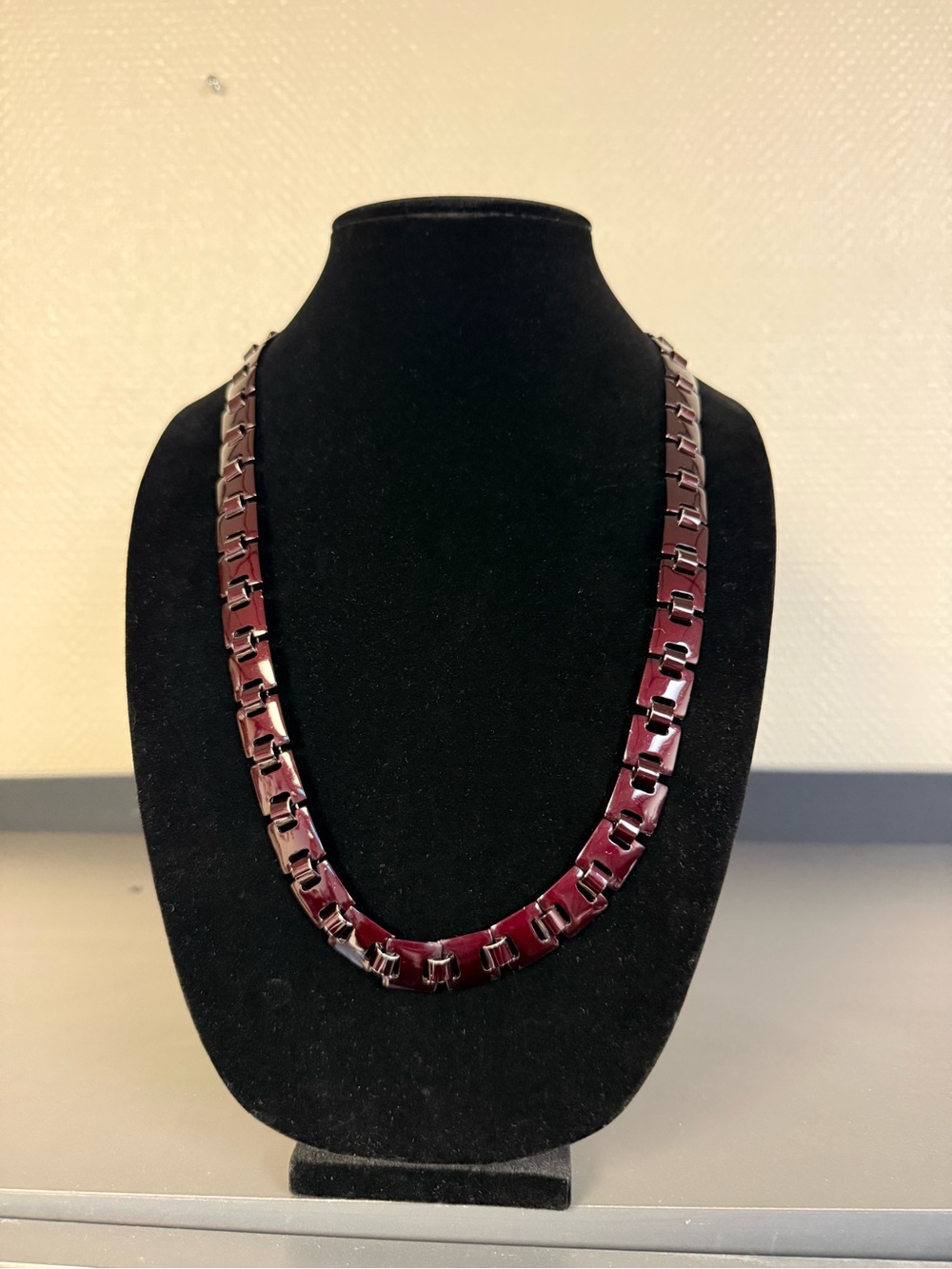 Maroon  Enameled Link Necklace featuring interlocking rectangular design